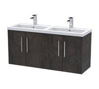 Hudson Reed Juno Matt Wall Hung 4 Door Vanity Unit and Twin Polymarble Basins | Metallic Slate | MDF | 1200mm