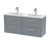 Hudson Reed Juno Matt Wall Hung 4 Drawer Vanity Unit and Twin Ceramic Basins | Coastal Grey | MDF | 1200mm