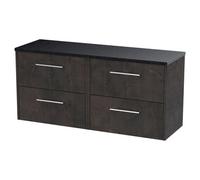 Hudson Reed Juno Matt Wall Hung 4 Drawer Vanity Unit with Black Sparkle Worktop | Metallic Slate | MFC | 1200mm