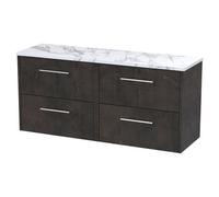 Hudson Reed Juno Matt Wall Hung 4 Drawer Vanity Unit with Carrera Marble Worktop | Metallic Slate | MFC | 1200mm