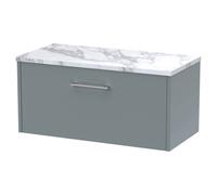 Hudson Reed Juno Matt Wall Hung Single Drawer Vanity Unit with Carrera Marble Worktop | Coastal Grey | MFC | 800mm