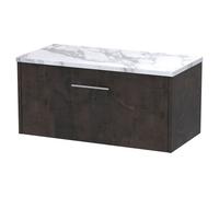 Hudson Reed Juno Wall Hung Single Drawer Vanity Unit with Matt Carrera Marble Laminate Worktop | Metallic Slate | MFC | 800mm