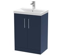 Hudson Reed Juno Satin 2 Door Vanity Unit and Thin Edge Ceramic Basin | Midnight Blue | MFC | 600mm