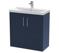 Hudson Reed Juno Satin 2 Door Vanity Unit and Thin Edge Ceramic Basin | Midnight Blue | MFC | 800mm