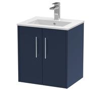Hudson Reed Juno Satin Wall Hung 2 Door Vanity Unit and Minimalist Ceramic Basin | Midnight Blue | MFC | 500mm