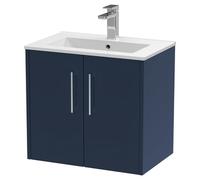 Hudson Reed Juno Satin Wall Hung 2 Door Vanity Unit and Minimalist Ceramic Basin | Midnight Blue | MFC | 600mm