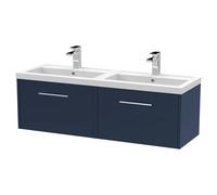 Hudson Reed Juno Satin Wall Hung 2 Drawer Vanity Unit and Twin Polymarble Basins | Midnight Blue | MFC | 1200mm
