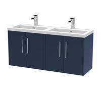 Hudson Reed Juno Satin Wall Hung 4 Door Vanity Unit and Twin Polymarble Basins | Midnight Blue | MFC | 1200mm