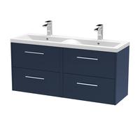 Hudson Reed Juno Satin Wall Hung 4 Drawer Vanity Unit and Twin Ceramic Basins | Midnight Blue | MFC | 1200mm