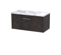 Hudson Reed Juno Wall Hung 1 Drawer Vanity & Carrera Marble Worktop, Metallic Slate Woodgrain, 805 X 390 mm