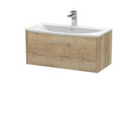 Hudson Reed Juno Wall Hung 1-Drawer Vanity & Curved 1 Tap Hole Basin, Contemporary Sink Vanity Unit, Autumn Oak