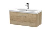 Hudson Reed Juno Wall Hung 1-Drawer Vanity & Mid-Edge 1 Tap Hole Basin, Contemporary Sink Vanity Unit, Autumn Oak