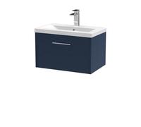 Hudson Reed Juno Satin Wall Hung Single Drawer Vanity Unit and Mid Edge Ceramic Basin | Midnight Blue | MFC | 600mm