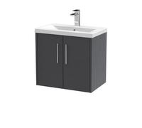 Hudson Reed JNU2223A Juno Modern Bathroom Wall Hung 2-Door Vanity with Mid-Edge Ceramic Basin, 600mm, Woodgrain Graphite Grey