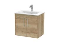 Hudson Reed Juno Wall Hung Double Soft Close Door Vanity Unit With Minimalist 1 Tap Hole Basin In Autumn Oak Finish, 600mm