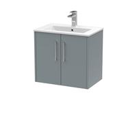 Hudson Reed Juno Wall Hung 2-Door Vanity And Minimalist 1 Tap Hole Basin, Timeless Sink Vanity Unit, Coastal Grey