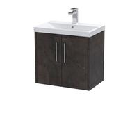 Hudson Reed JNU2623D Juno Modern Bathroom Wall Hung 2 Door Vanity Basin Unit & Thin-Edge Ceramic Basin, 600mm, Matt Metallic Slate