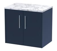 Hudson Reed JNU2923LCM Juno Modern Bathroom Wall Hung 2 Soft Close Door Vanity Unit and Carrera Marble Laminate Worktop, 600mm, Midnight Blue