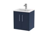 Hudson Reed Juno Wall Hung 2 Door Vanity Unit With Minimalist 1 Tap Hole Basin, Midnight Blue, 500 X 390 mm