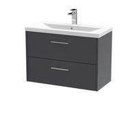 Hudson Reed Juno Wall Hung 2-Drawer Vanity And Mid-Edge 1 Tap Hole Basin, Spacious Sink Vanity Unit, Graphite Grey Woodgrain