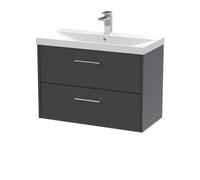 Hudson Reed JNU2226D Juno Modern Bathroom Wall Hung 2-Drawer Vanity with Thin-Edge Ceramic Basin, 800mm, Woodgrain Graphite Grey