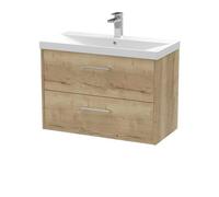 Hudson Reed Juno Wall Hung 2-Drawer Vanity & Thin-Edge 1 Tap Hole Basin, Contemporary Sink Vanity Unit, Autumn Oak