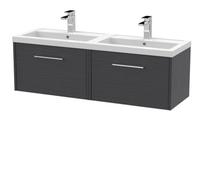 Hudson Reed Juno Wall Hung 2 Soft Close Drawer Vanity Unit With Double Basin In Graphite Grey Woodgrain Finish, 1200mm