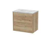 Hudson Reed Juno Woodgrain Wall Hung 2 Drawer Vanity Unit with Bellato Grey Worktop | Autumn Oak | MDF | 600mm