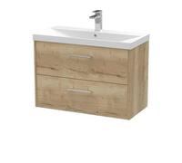 Hudson Reed JNU1826D Juno Modern Bathroom Wall Hung 2-Drawer Vanity with Thin-Edge Ceramic Basin, 800mm, Woodgrain Autumn Oak