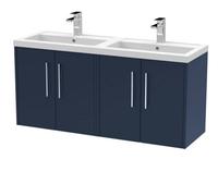 Hudson Reed Juno Satin Wall Hung 4 Door Vanity Unit and Twin Polymarble Basins | Midnight Blue | MFC | 1200mm