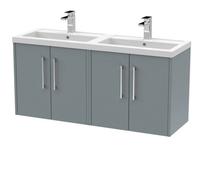 Hudson Reed Juno Matt Wall Hung 4 Door Vanity Unit and Twin Polymarble Basins | Coastal Grey | MDF | 1200mm