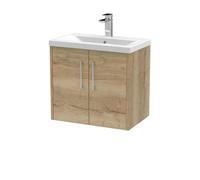 Hudson Reed Juno Wall Hung Double Soft Close Door Vanity Unit With Mid-Edge 1 Tap Hole Basin In Autumn Oak Finish, 600mm