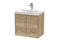 Hudson Reed Juno Woodgrain Wall Hung 2 Door Vanity Unit and Thin Edge Ceramic Basin | Autumn Oak | MDF | 600mm