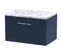 Hudson Reed Juno Wall Hung Single Drawer Vanity Unit with Carrera Marble Worktop | Satin Midnight Blue | MDF | 600mm
