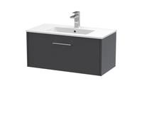 Hudson Reed Juno Wall Hung Single Drawer Vanity Unit With Minimalist 1 Tap Hole Basin In Graphite Grey Woodgrain Finish, 800mm