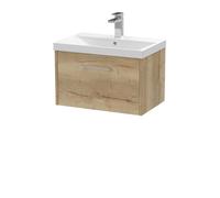 Hudson Reed Juno Woodgrain Wall Hung Single Drawer Vanity Unit and Thin Edge Ceramic Basin | Autumn Oak | MDF | 600mm