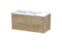 Hudson Reed JNU1825LCM Juno Modern Bathroom Wall Hung Single Soft Close Drawer Vanity Unit and Carrera Marble Laminate Worktop, 800mm, Autumn Oak