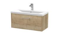 Hudson Reed Juno Wall Hung Single Soft Close Drawer Vanity Unit With Mid-Edge 1 Tap Hole Basin In Autumn Oak Finish, 800mm