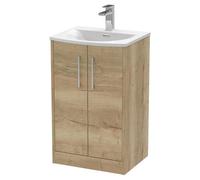 Hudson Reed JNU1801G Juno Modern Bathroom Floor Standing 2-Door Vanity with Curved Ceramic Basin, 500mm, Woodgrain Autumn Oak