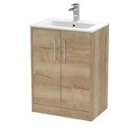 Hudson Reed JNU1803B Juno Modern Bathroom Floor Standing 2-Door Vanity with Minimalist Ceramic Basin, 600mm, Woodgrain Autumn Oak
