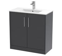 Hudson Reed JNU2205B Juno Modern Bathroom Floor Standing 2-Door Vanity with Minimalist Ceramic Basin, 800mm, Woodgrain Graphite Grey