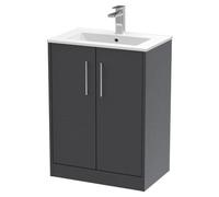 Hudson Reed Juno Woodgrain Floor Standing 2 Door Vanity Unit and Minimalist Ceramic Basin | Graphite Grey | MDF | 600mm