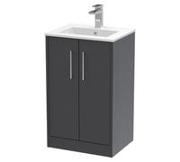 Hudson Reed Juno Woodgrain Floor Standing 2 Door Vanity Unit and Minimalist Ceramic Basin | Graphite Grey | MDF | 500mm