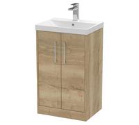 Hudson Reed Juno Woodgrain Floor Standing 2 Door Vanity Unit and Thin Edge Ceramic Basin | Autumn Oak | MDF | 500mm