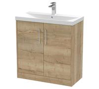 Hudson Reed JNU1805D Juno Modern Bathroom Floor Standing 2-Door Vanity with Thin-Edge Ceramic Basin, 800mm, Woodgrain Autumn Oak