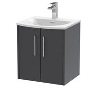 Hudson Reed Juno Woodgrain Wall Hung 2 Door Vanity Unit and Curved Ceramic Basin | Graphite Grey | MDF | 500mm