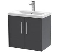 Hudson Reed Juno Woodgrain Wall Hung 2 Door Vanity Unit and Mid Edge Ceramic Basin | Graphite Grey | MDF | 600mm