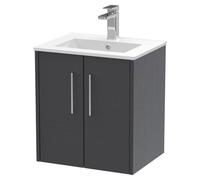 Hudson Reed JNU2221B Juno Modern Bathroom Wall Hung 2-Door Vanity with Minimalist Ceramic Basin, 500mm, Woodgrain Graphite Grey