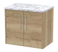 Hudson Reed Juno Woodgrain Wall Hung 2 Door Vanity Unit with Carrera Marble Worktop | Autumn Oak | MFC | 600mm