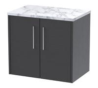 Hudson Reed JNU2223LCM Juno Modern Bathroom Wall Hung 2 Door Vanity Unit and Carrera Marble Laminate Worktop, 600mm, Graphite Grey Woodgrain